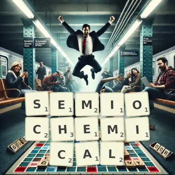 Creative illustration for a Scrabble game with the word SEMIOCHEMICAL spelled out in tiles on the board.