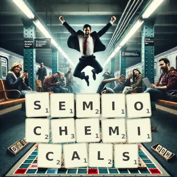 Creative illustration for a Scrabble game with the word SEMIOCHEMICALS spelled out in tiles on the board.