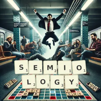 Creative illustration for a Scrabble game with the word SEMIOLOGY spelled out in tiles on the board.