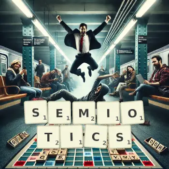 Creative illustration for a Scrabble game with the word SEMIOTICS spelled out in tiles on the board.