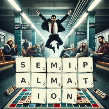Creative illustration for a Scrabble game with the word SEMIPALMATION spelled out in tiles on the board.