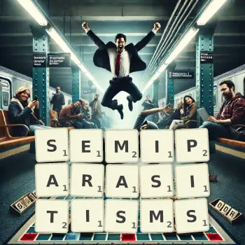 Creative illustration for a Scrabble game with the word SEMIPARASITISMS spelled out in tiles on the board.