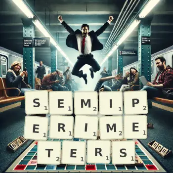 Creative illustration for a Scrabble game with the word SEMIPERIMETERS spelled out in tiles on the board.
