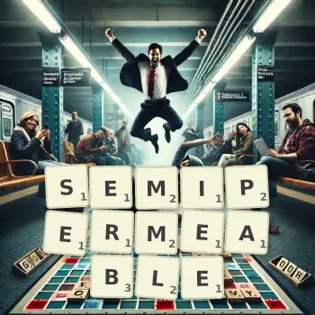 Creative illustration for a Scrabble game with the word SEMIPERMEABLE spelled out in tiles on the board.