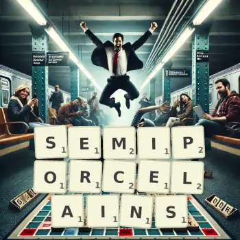 Creative illustration for a Scrabble game with the word SEMIPORCELAINS spelled out in tiles on the board.