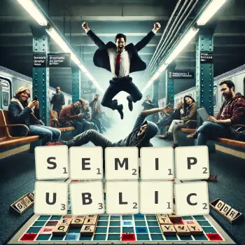 Creative illustration for a Scrabble game with the word SEMIPUBLIC spelled out in tiles on the board.