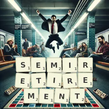 Creative illustration for a Scrabble game with the word SEMIRETIREMENT spelled out in tiles on the board.