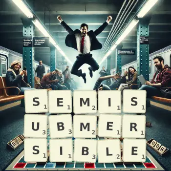 Creative illustration for a Scrabble game with the word SEMISUBMERSIBLE spelled out in tiles on the board.