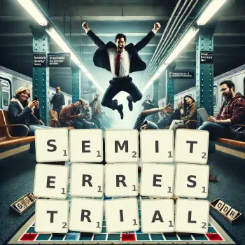 Creative illustration for a Scrabble game with the word SEMITERRESTRIAL spelled out in tiles on the board.