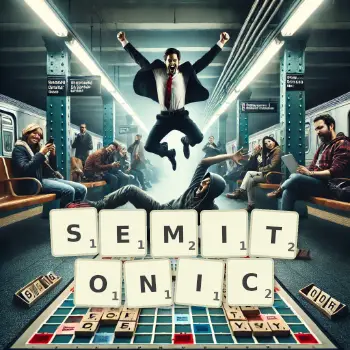 Creative illustration for a Scrabble game with the word SEMITONIC spelled out in tiles on the board.