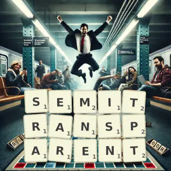 Creative illustration for a Scrabble game with the word SEMITRANSPARENT spelled out in tiles on the board.
