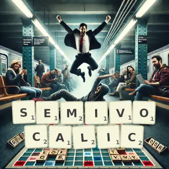 Creative illustration for a Scrabble game with the word SEMIVOCALIC spelled out in tiles on the board.