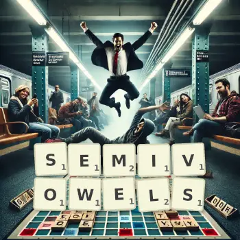 Creative illustration for a Scrabble game with the word SEMIVOWELS spelled out in tiles on the board.