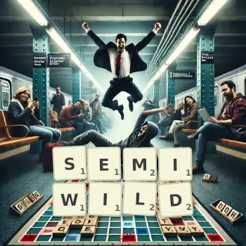 Creative illustration for a Scrabble game with the word SEMIWILD spelled out in tiles on the board.