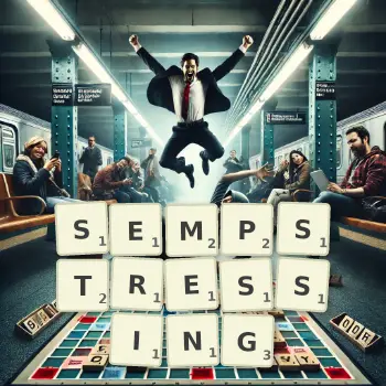Creative illustration for a Scrabble game with the word SEMPSTRESSING spelled out in tiles on the board.