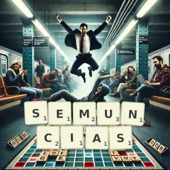 Creative illustration for a Scrabble game with the word SEMUNCIAS spelled out in tiles on the board.