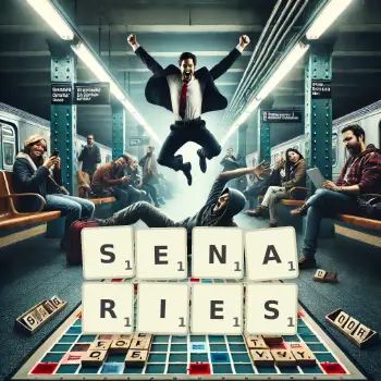 Creative illustration for a Scrabble game with the word SENARIES spelled out in tiles on the board.