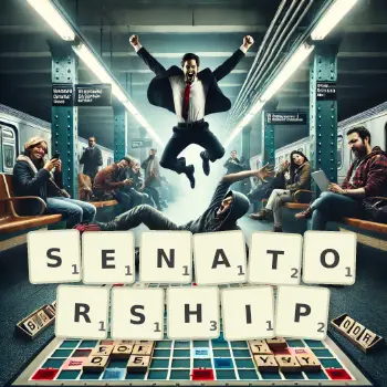 Creative illustration for a Scrabble game with the word SENATORSHIP spelled out in tiles on the board.