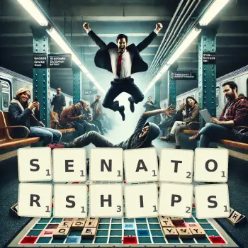 Creative illustration for a Scrabble game with the word SENATORSHIPS spelled out in tiles on the board.
