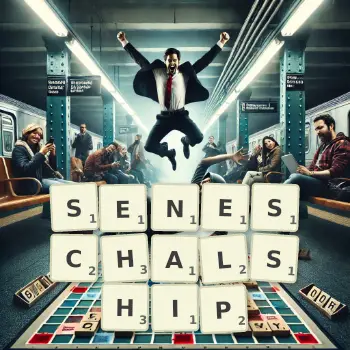 Creative illustration for a Scrabble game with the word SENESCHALSHIP spelled out in tiles on the board.