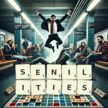 Creative illustration for a Scrabble game with the word SENILITIES spelled out in tiles on the board.