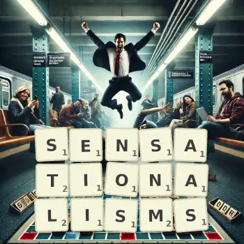 Creative illustration for a Scrabble game with the word SENSATIONALISMS spelled out in tiles on the board.