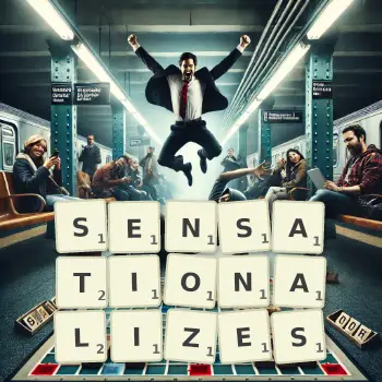 Creative illustration for a Scrabble game with the word SENSATIONALIZES spelled out in tiles on the board.