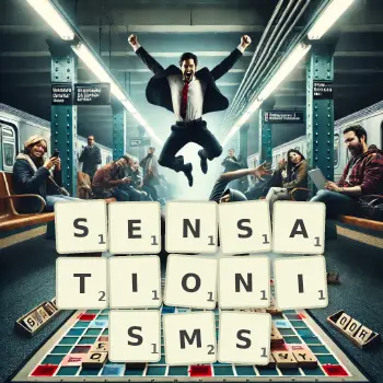 Creative illustration for a Scrabble game with the word SENSATIONISMS spelled out in tiles on the board.