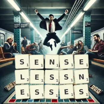 Creative illustration for a Scrabble game with the word SENSELESSNESSES spelled out in tiles on the board.