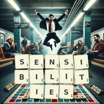 Creative illustration for a Scrabble game with the word SENSIBILITIES spelled out in tiles on the board.