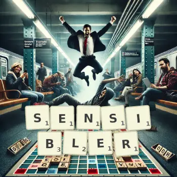 Creative illustration for a Scrabble game with the word SENSIBLER spelled out in tiles on the board.