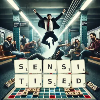 Creative illustration for a Scrabble game with the word SENSITISED spelled out in tiles on the board.