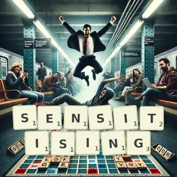 Creative illustration for a Scrabble game with the word SENSITISING spelled out in tiles on the board.