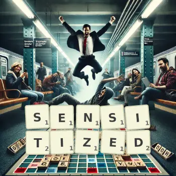 Creative illustration for a Scrabble game with the word SENSITIZED spelled out in tiles on the board.