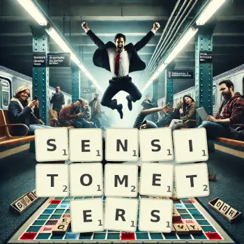 Creative illustration for a Scrabble game with the word SENSITOMETERS spelled out in tiles on the board.