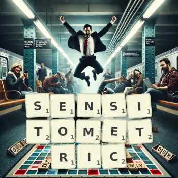 Creative illustration for a Scrabble game with the word SENSITOMETRIC spelled out in tiles on the board.