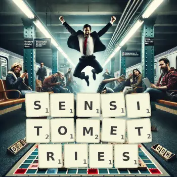 Creative illustration for a Scrabble game with the word SENSITOMETRIES spelled out in tiles on the board.
