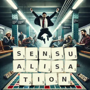 Creative illustration for a Scrabble game with the word SENSUALISATION spelled out in tiles on the board.