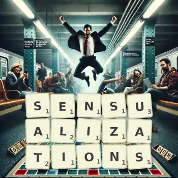 Creative illustration for a Scrabble game with the word SENSUALIZATIONS spelled out in tiles on the board.