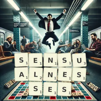 Creative illustration for a Scrabble game with the word SENSUALNESSES spelled out in tiles on the board.