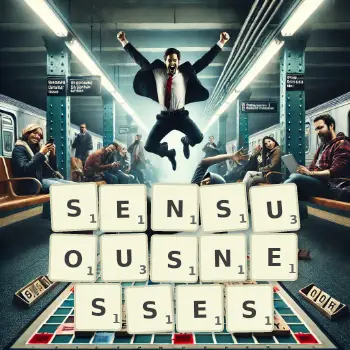 Creative illustration for a Scrabble game with the word SENSUOUSNESSES spelled out in tiles on the board.