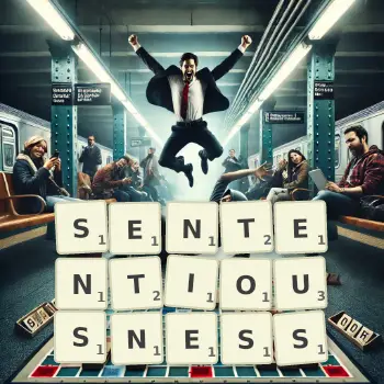 Creative illustration for a Scrabble game with the word SENTENTIOUSNESS spelled out in tiles on the board.