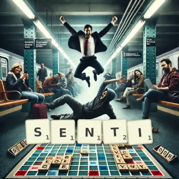 Creative illustration for a Scrabble game with the word SENTI spelled out in tiles on the board.
