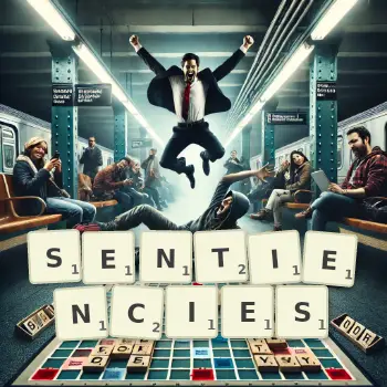 Creative illustration for a Scrabble game with the word SENTIENCIES spelled out in tiles on the board.