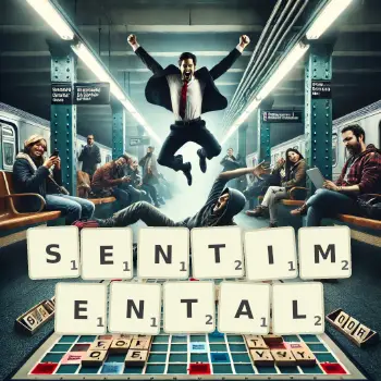 Creative illustration for a Scrabble game with the word SENTIMENTAL spelled out in tiles on the board.