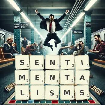 Creative illustration for a Scrabble game with the word SENTIMENTALISMS spelled out in tiles on the board.