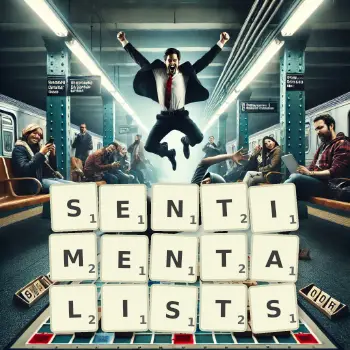 Creative illustration for a Scrabble game with the word SENTIMENTALISTS spelled out in tiles on the board.