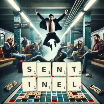 Creative illustration for a Scrabble game with the word SENTINEL spelled out in tiles on the board.