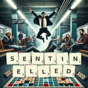 Creative illustration for a Scrabble game with the word SENTINELLED spelled out in tiles on the board.