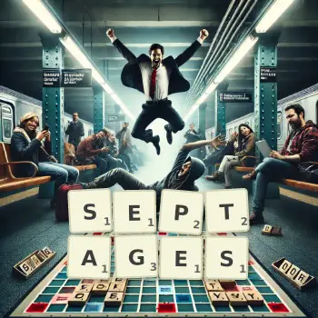 Creative illustration for a Scrabble game with the word SEPTAGES spelled out in tiles on the board.